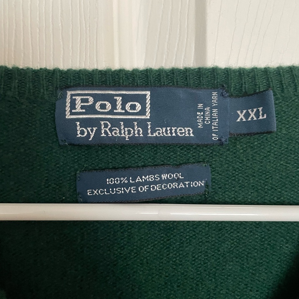 Vintage 100% Lambswool Polo by Ralph Lauren Dark Green V-Neck Sweater Mens XXL - Picture 2 of 7